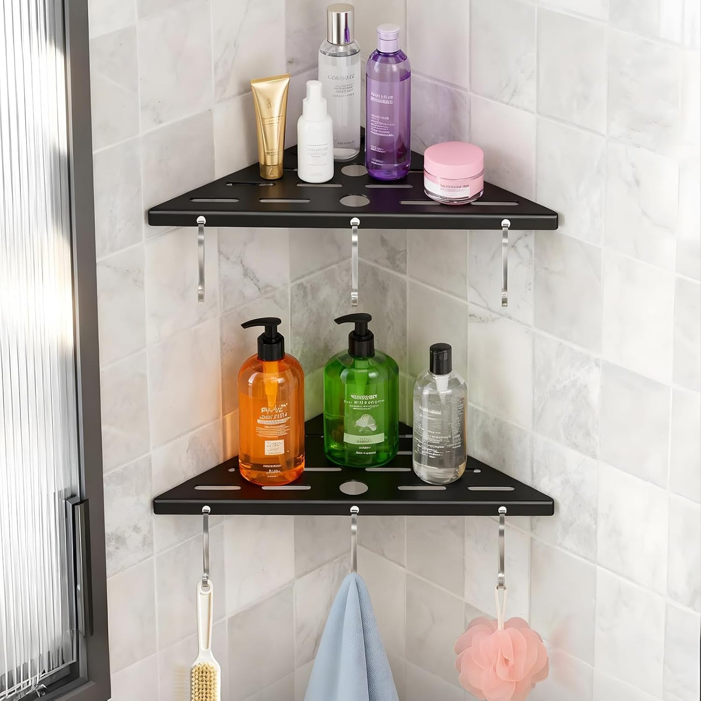Shower Corner Shelf 304 Stainless Steel Shower Caddy 2 Tier Shower Organizer Niche Extra 6 Hangers Shelves 40 lbs Large Capacity Bathroom Storage for Inside Anti-Rust Drilling Installation (Black)