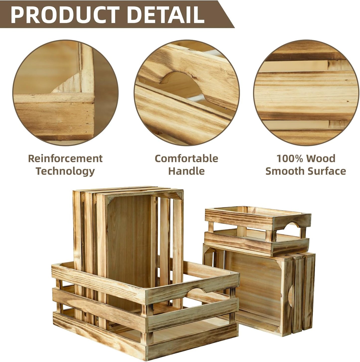Large Torched Wood Storage Crates Decorative, Set of 4 Nesting Wooden Crates for Display Rustic, Farmhouse Wooden Storage Container Boxes Made from 100% Wood