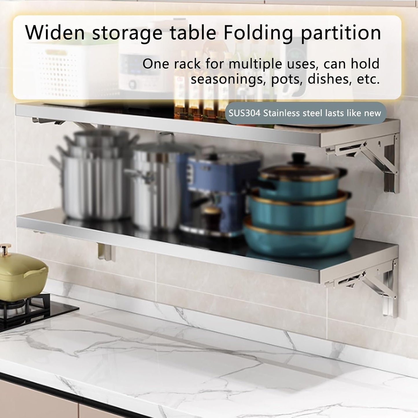 304 stainless steel folding table, wall-mounted folding table, kitchen storage shelf, made of food-grade stainless steel material, suitable for living room, balcony, bathroom, or laundry room.(60*30cm