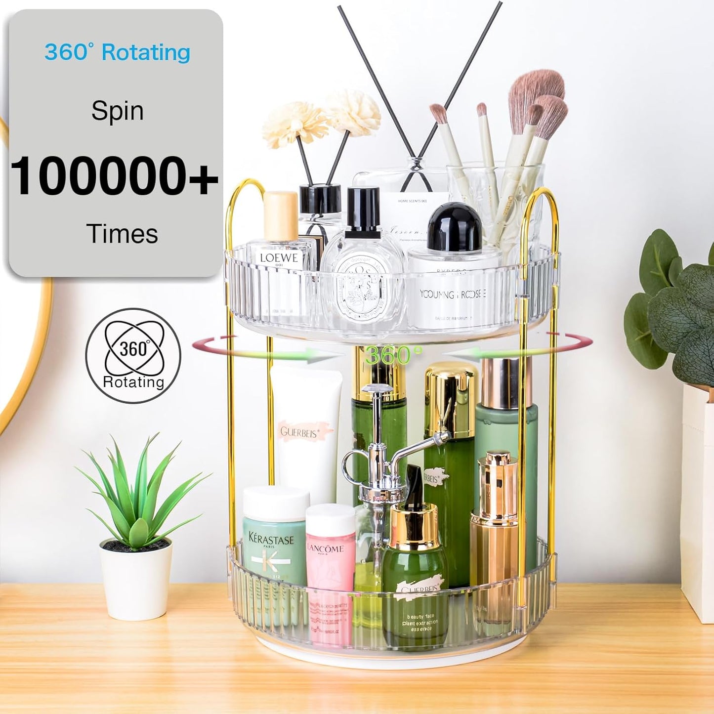 360 Rotating Makeup Organizer - Large Capacity Spinning Perfume & Cosmetic Skincare Holder for Countertop (Pearl White, 2 Tier)