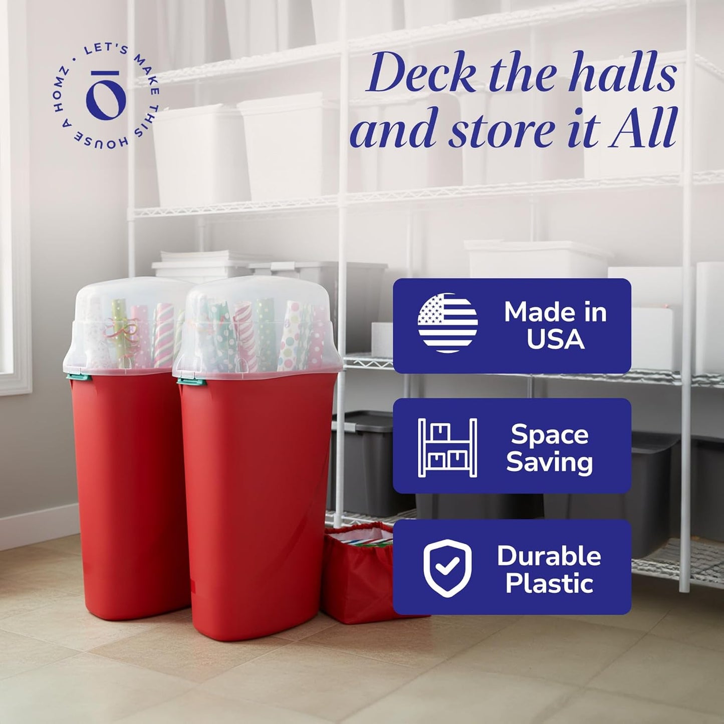 HOMZ 2-Pack Seasonal Holiday, Plastic Vertical Gift Wrap Storage Organizer, Red & Clear - Paper Wrapping Bin Containers for Christmas Gifts and Birthday Presents