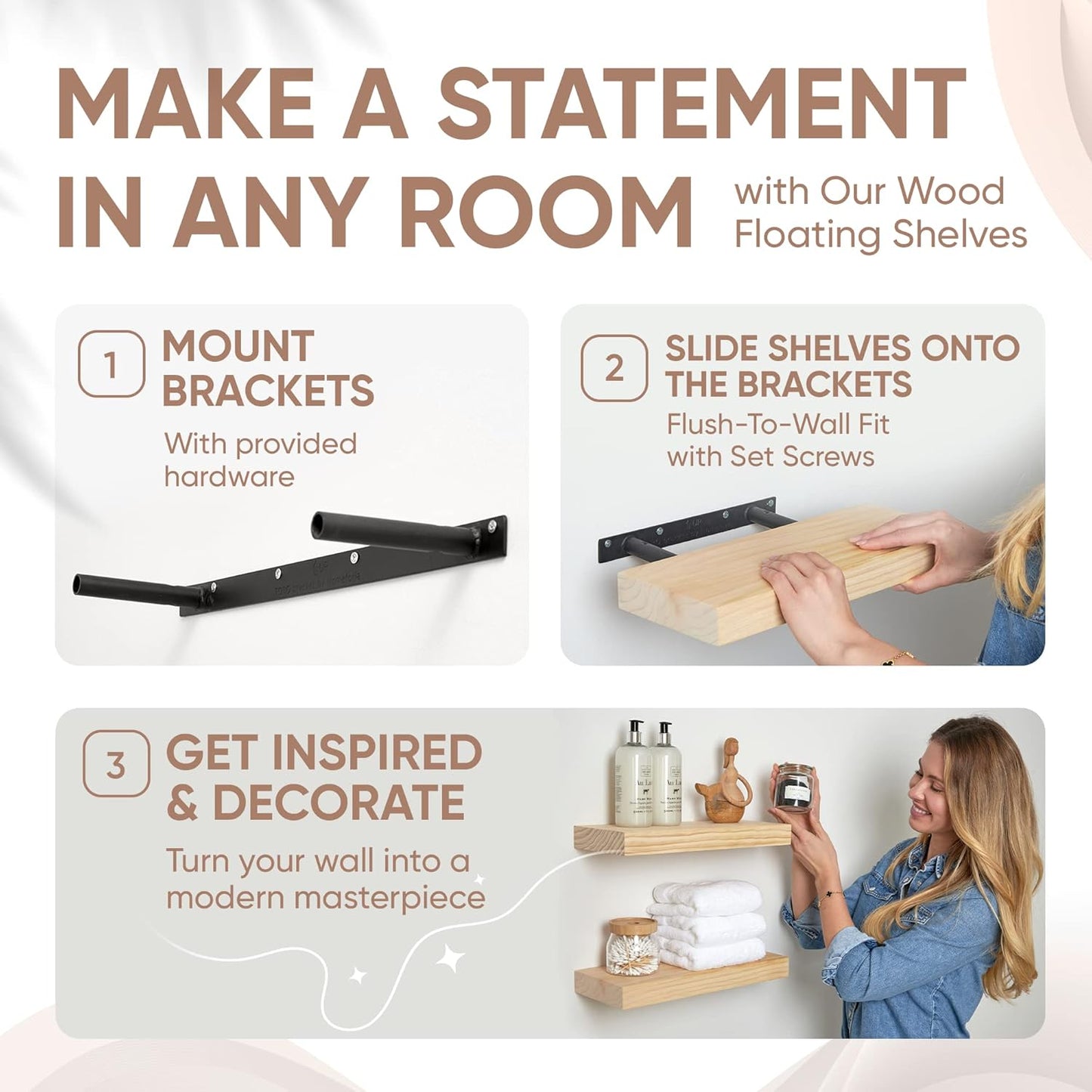 Homeforia 18 inch Wood Floating Shelves, High End Solid Natural Wood 18inch Floating Shelf for Wall Mounted, Unfinished Wooden 18in Floating Shelves, Heavy Duty Bracket, 18 X 6.5 X 1.75 inch, Set of 3
