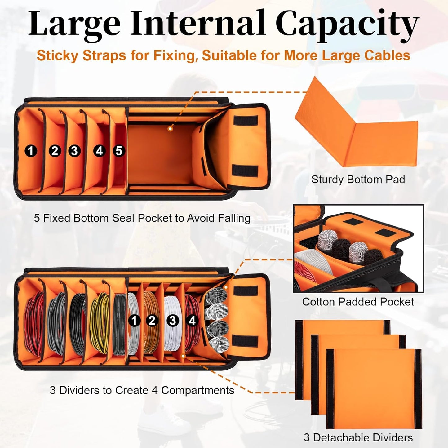 Large Dj Cable Bag with Laptop and Microphone Pocket, Dj Bag for Equipment and Music Accessories with Detachable Dividers, Bottom Pad, Dj Gig Bags for Musicians, Professional, Travel, Orange