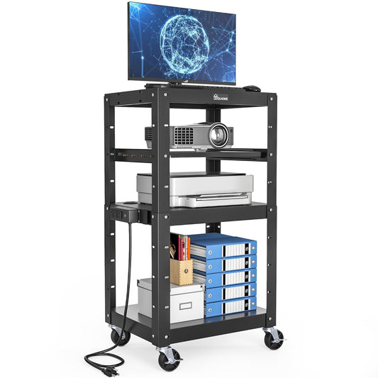 YITAHOME AV Cart on Wheels, 3-Shelf Metal Presentation Utility Cart with Keyboard Tray and Power 16.4ft Extra-Long Cord, Rolling Storage Cart with Adjustable Shelves for Offices, Warehouses, Black
