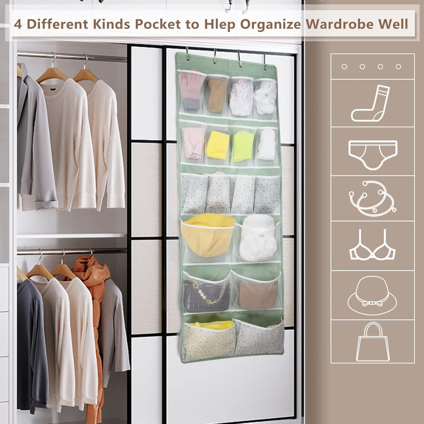 18 Pockets Over the Door Organizer with 4 Kind Pockets,Behind Door Shoes Rack,Back of Closet Storage Organization for Socks,Hat,Underwear,Luggage Packing,Hanging Holder Shelf in Home Dorm,Travel,Green