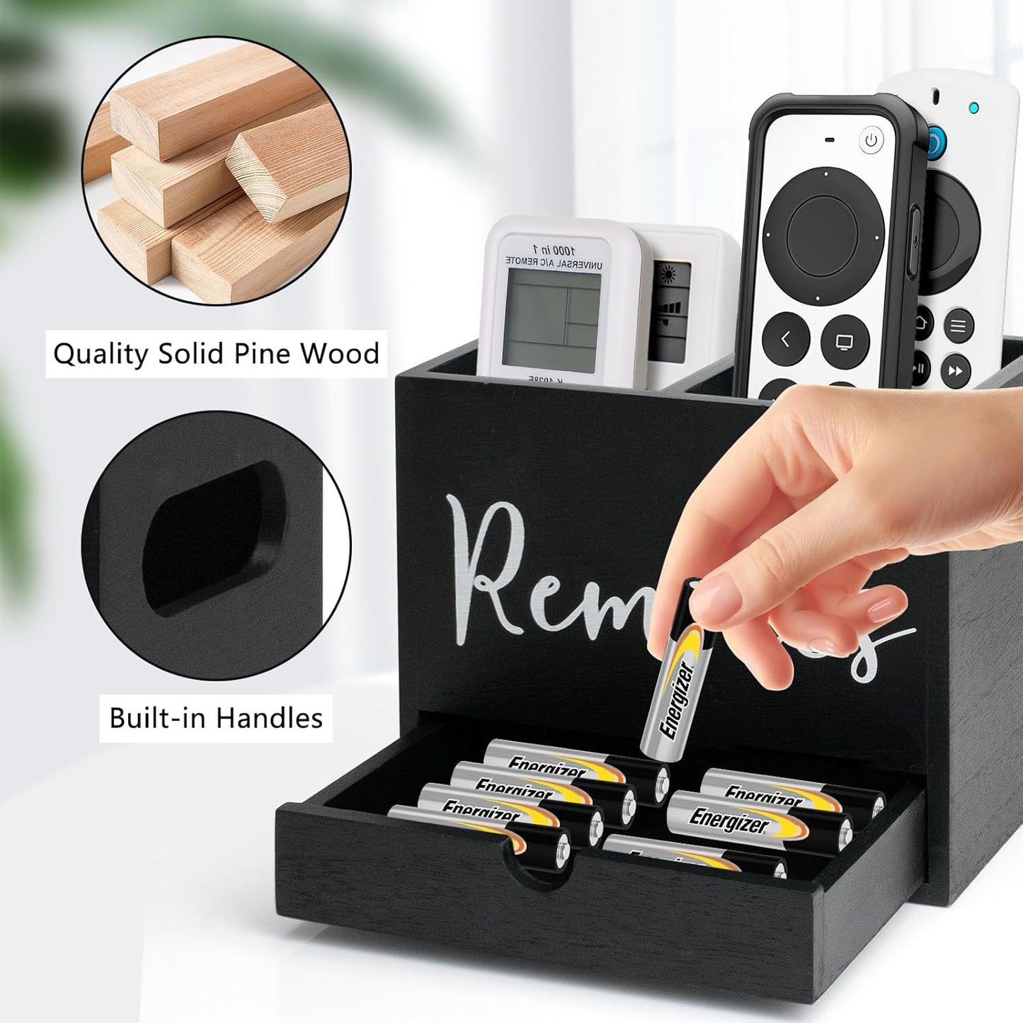Remote Control Holder, 2 Slot TV Remote Holder& Desk Organizer with Drawers, Remote Organizer Caddy for Table, Wooden Remote Box for Nightstand,Media Storage Box for Living Room, Bed (Black)