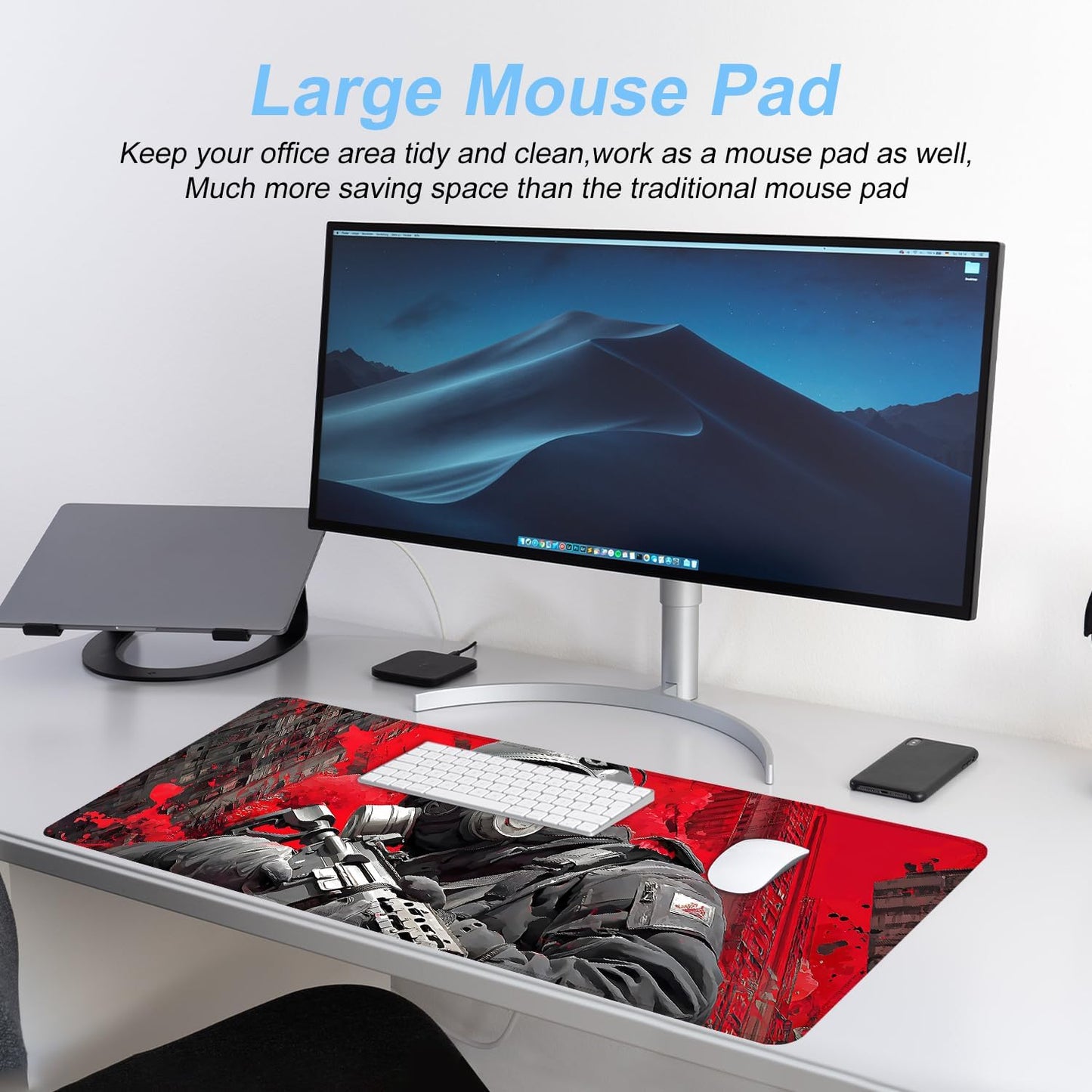 Tactical Soldier Gaming Mouse Pad – 31.5" x 11.8" Extended Desk Mat with Red Urban Battle Scene – Non-Slip Base, Smooth Surface for Gamers & Office Use
