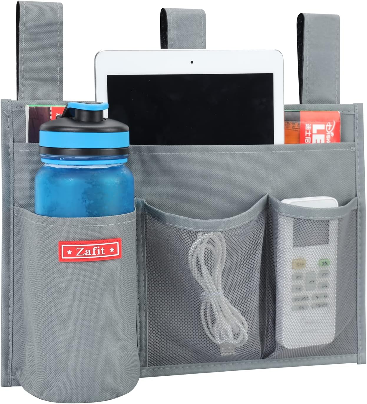 Hanging Bedside Caddy, Bedside Storage Organizer for Magazine, Phone, Remote control (4 Pockets-Grey)