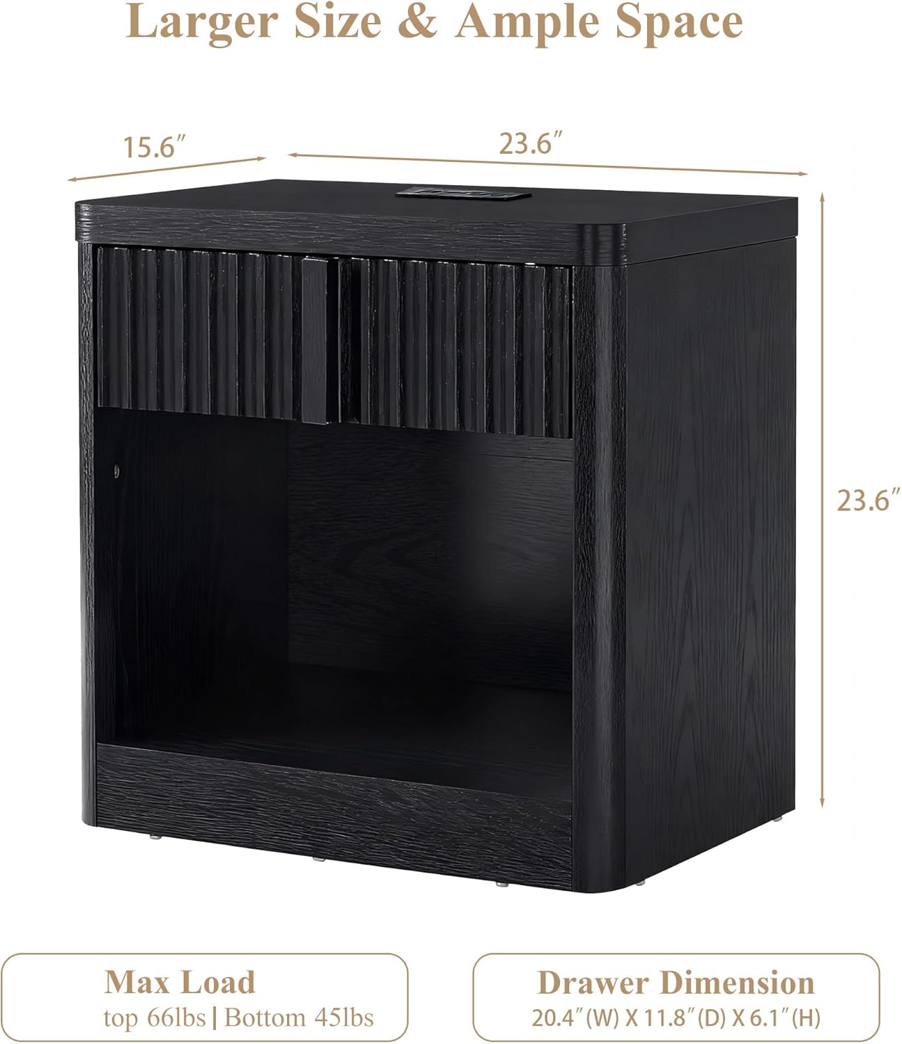 Fluted Nightstand with Charging Station, 23.6" End Table with Open Shelf and Drawers Storage, Bedside Table with Solid Wood Handle, Curved Profile Design, Night Stand for Bedroom, Black