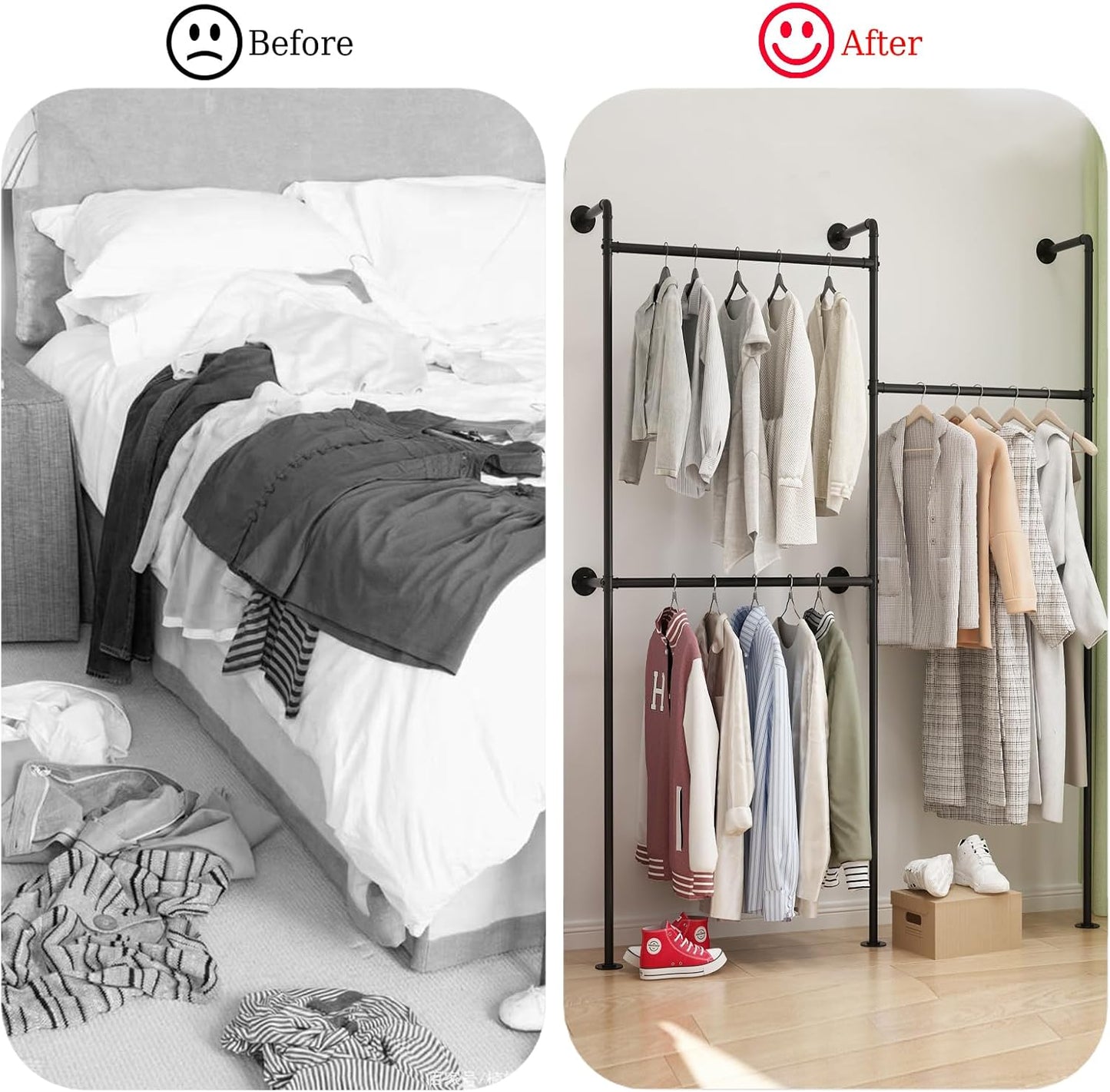 Industrial Pipe Clothing Rack Wall Mount, Black Pipe Clothes Rack with 3 Hanging Rods, Heavy Duty Pipe Clothing Rack for Laundry Room, Closet Systems for Walk in Closets