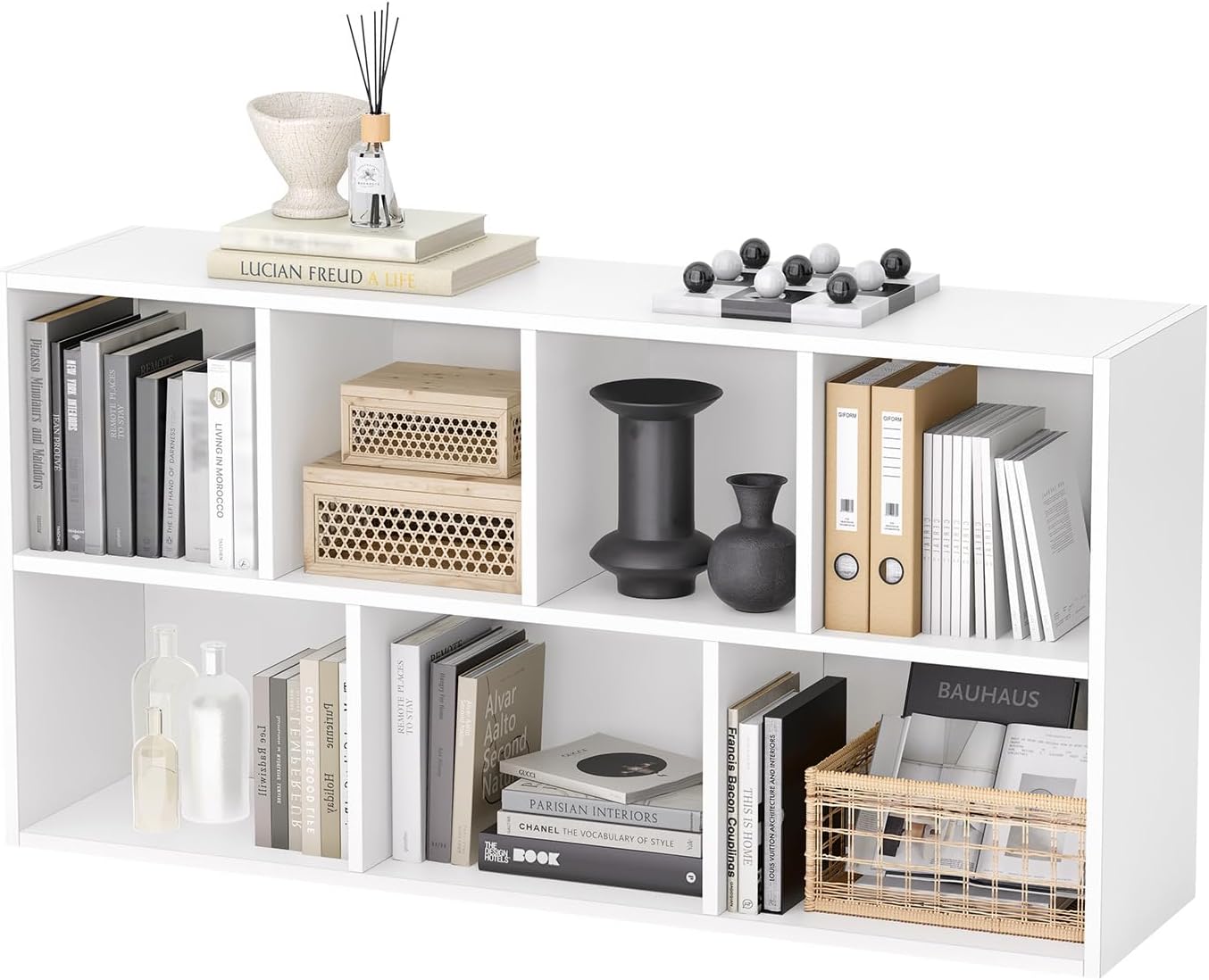 oneinmil 7 Cube Bookshelf, White Cube Organizer and Display Shelf with Storage, Stackable Bookcase for Small Space, Wooden Cube Shelf Easy to Match for Living Room, Bedroom, Study Room and Office