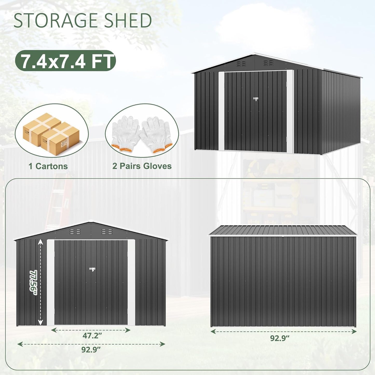 8x8 FT Outdoor Storage Shed, Garden Shed with Updated Frame Structure and Lockable Doors, Metal Tool Sheds for Backyard Garden Patio Lawn, Gray
