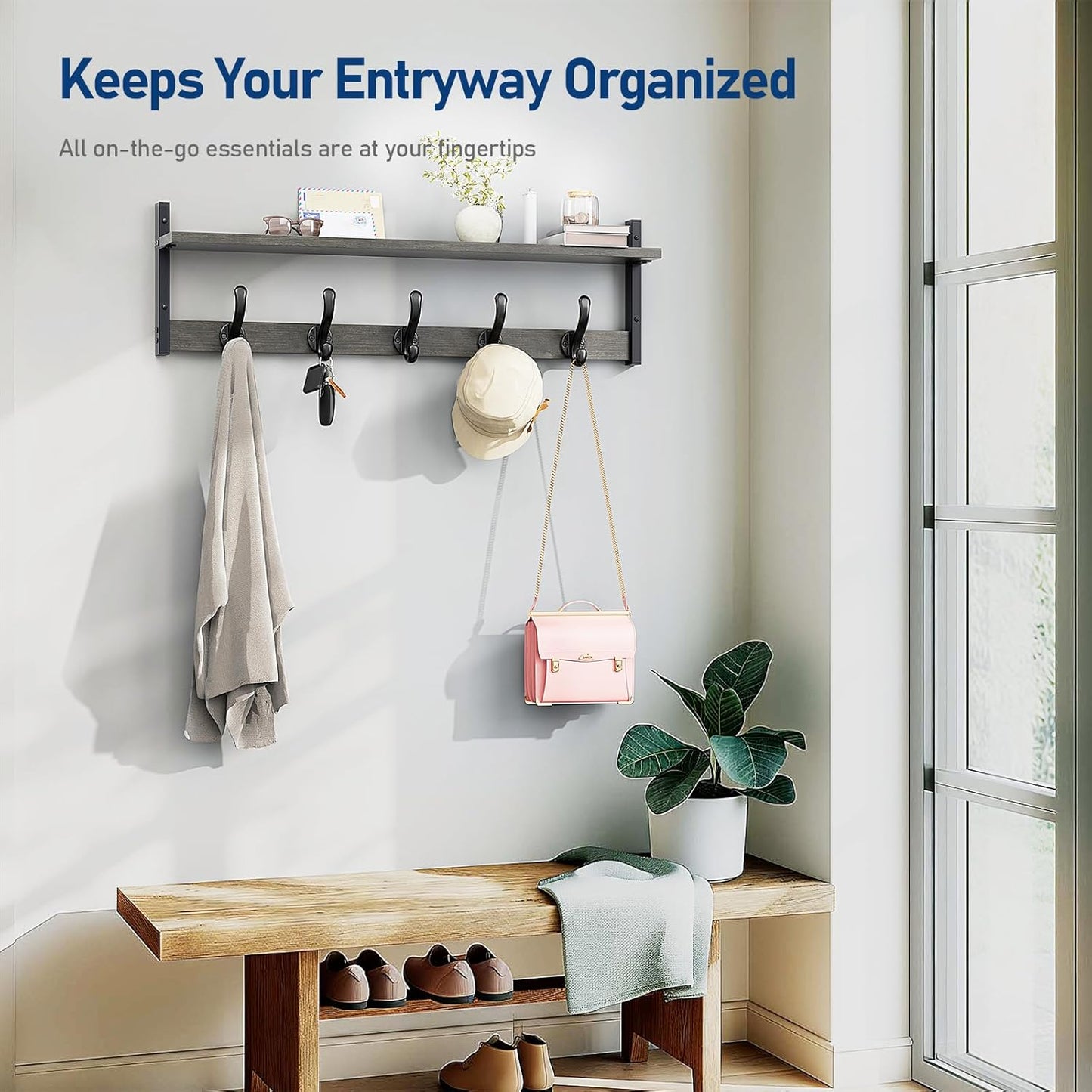 Tatub 29" Rustic Coat Rack Wall Mount with Shelf, Entryway Wall Hooks with Shelf, Coat Hangers for Bathroom, Living Room, Bedroom, Dark Grey
