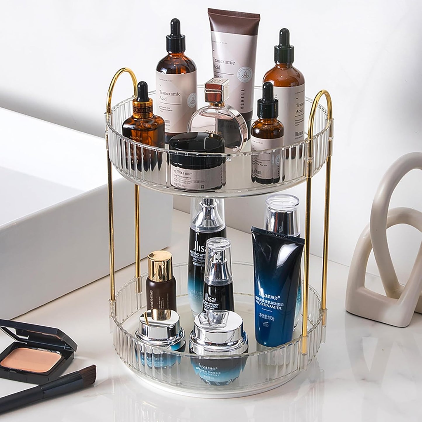 Rotating Makeup Organizer Countertop 2 Tier Lazy Susan Trays Clear Skincare Perfume Storage for Bathroom Counter Vanity, Transparent