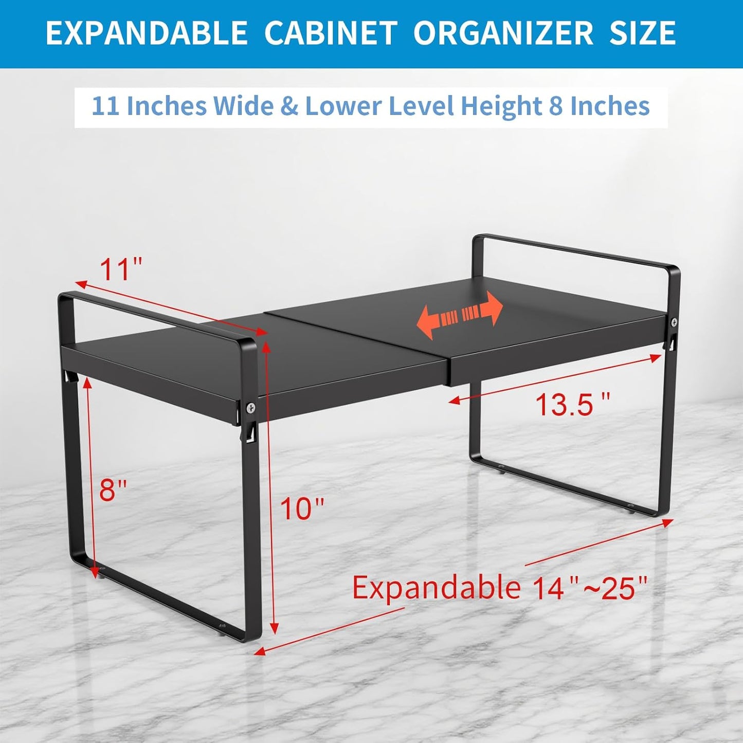 Expandable Cabinet Shelf Organizer 14-25 Inch Adjustable Length, 11" Wide 2-Tier (8" Bottom Layer) Metal Storage Rack for Kitchen Pantry, Under Sink Countertop - Heavy Duty Black(2 Pack)