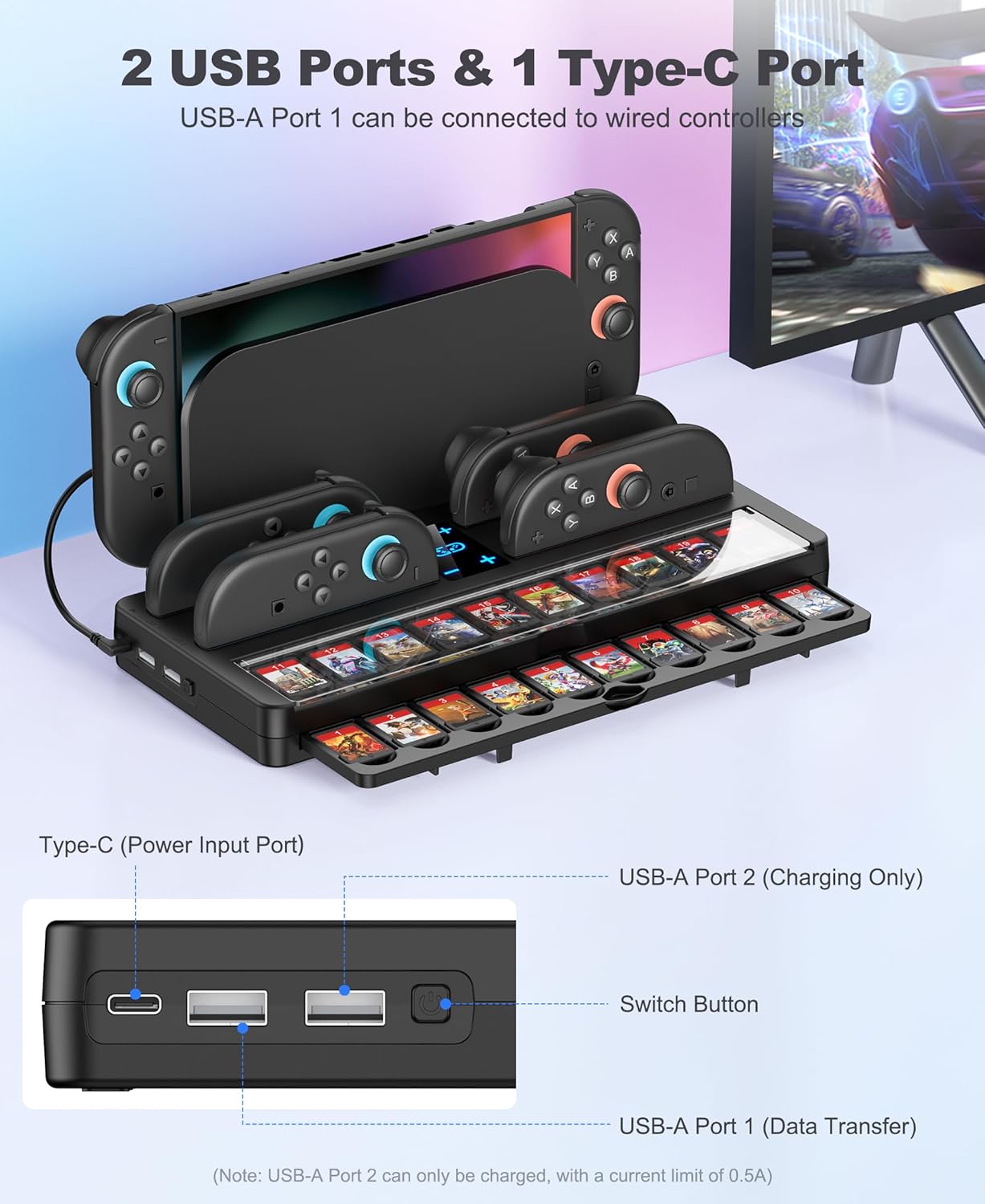 25 Slots Switch 2 Charging Organizer Joycon 2 Controller Storage Compatible with Nintendo 2 Accessories w Extended USB C Cable & LED Indicator (S-Charging Organizer)