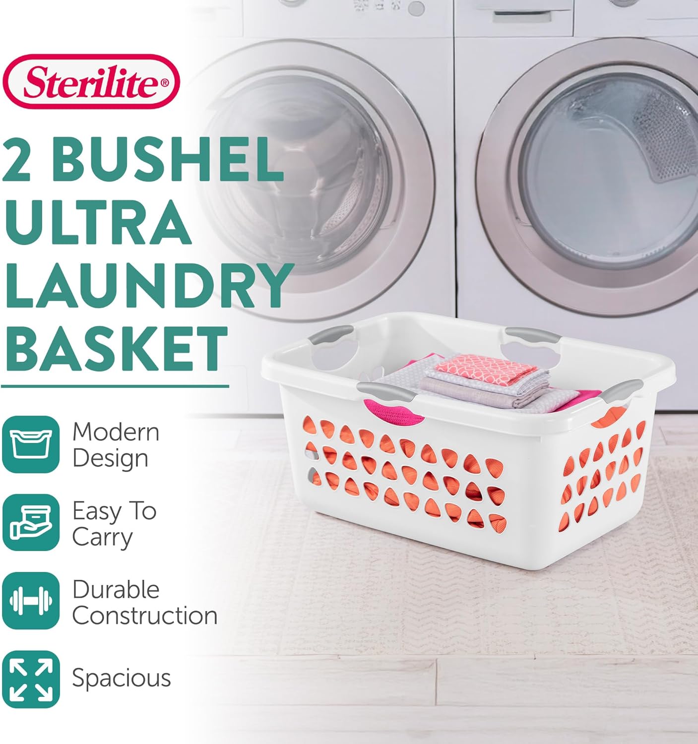 Sterilite 4 Pack Ultra Laundry Basket, Plastic Clothes Hamper, Large Rectangle Bin with 4 Comfort Grip Handles, 2 Bushel Capacity, White