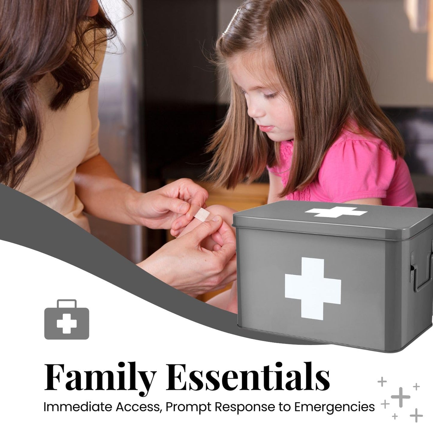 Flexzion Vintage First Aid Kit - 13" Gray Metal Box with Dividers, Removable Tray and White Cross Logo