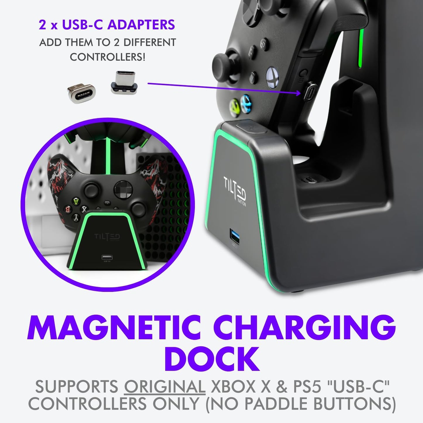 Tilted Nation 3 in 1 Gaming Headset and Controller Stand for PS5 and Xbox Series X Charging Station - Game Controller Holder and Headphone Stand for Desk with PlayStation and Xbox Magnetic Charger