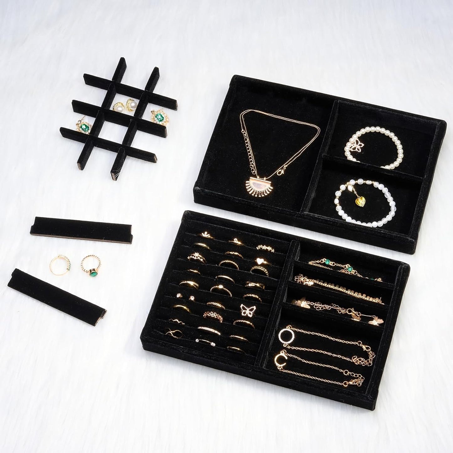 ProCase Stackable Jewelry Organizer Trays for Drawers, Jewelry Drawer Inserts Container Display Case Storage for Earring Necklace Rings Bracelet with Removable Dividers -Allblack, 2 Layers