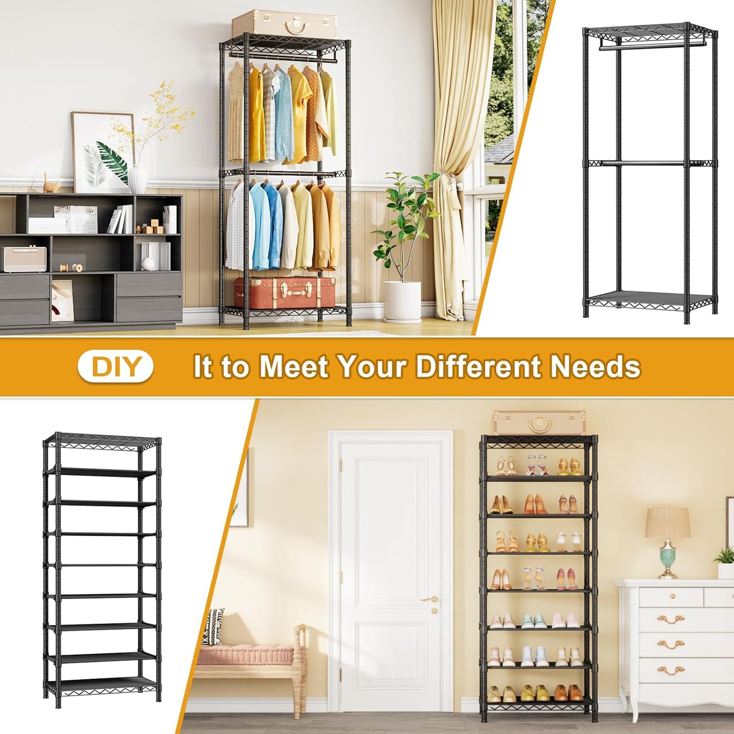 E16 Heavy Duty Clothing Rack（with 7-Tier Adjustable Shoe Rack） Freestanding Clothes Rack for Hanging Clothes，Metal Closet Storage Organizer Large Wardrobe，69'' W x 15.8'' D x 76.2'' H，Black