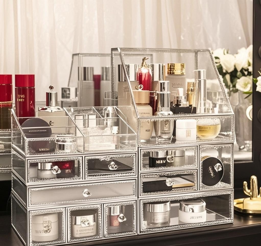 Hersoo Glass Makeup Organizer for Vanity/Stackable 2Pieces Drawer Set/Antique Countertop Vanity Cosmetic Storage Box Mirror Glass Beauty Display, Holder for Brushes Lipsticks Skincare Toner (Silver)
