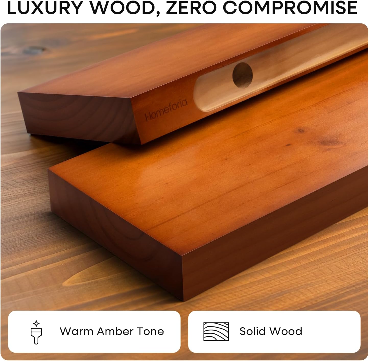 Homeforia Oak Floating Shelves 42 inch Long, High End Solid Real Wood 42inch Floating Shelf for Wall Mounted, Honey Oak Wooden 42in Floating Shelves, Heavy Duty Bracket, 42 X 6.5 X 1.75 in, Set of 2