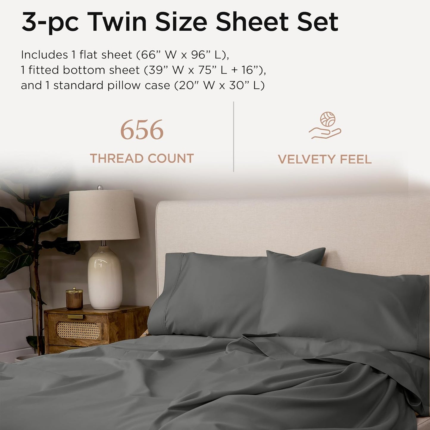 Threadmill Twin Sheet Set |656 Thread Count 100% Supima Cotton Sheets for Twin Mattress | Solid Sateen Twin Bed Sheets Set with 16” Deep Pocket | Soft Breathable 3-Piece Cooling Sheet Set | Dark Grey