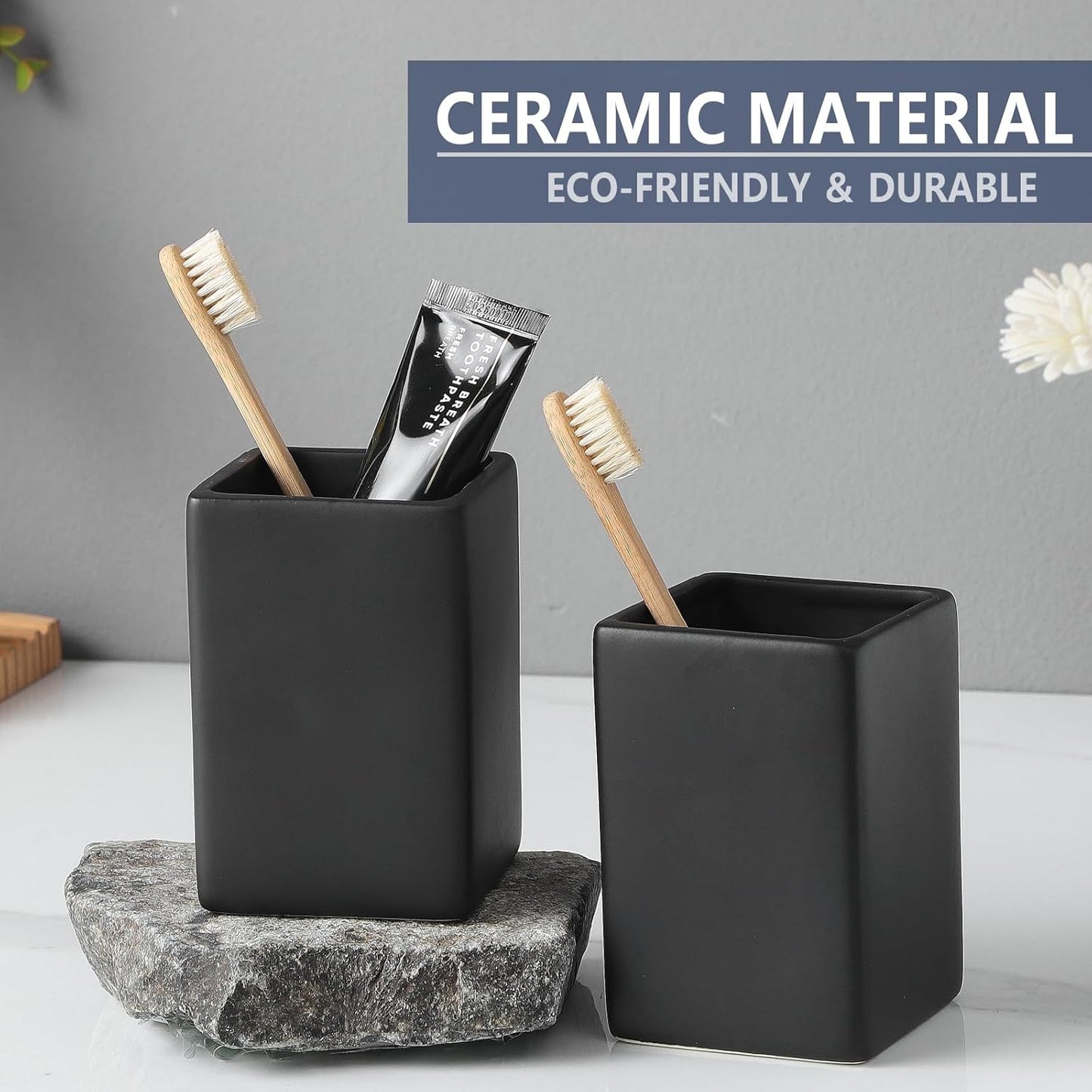 Ceramic Black Square Toothbrush Holder for Bathrooms - 1 Cup Square Toothbrush Toothpaste Holders, Bathroom Tumbler Cup Reusable Toothbrush Mouthwash Cup, Bathroom Counter Organizer.