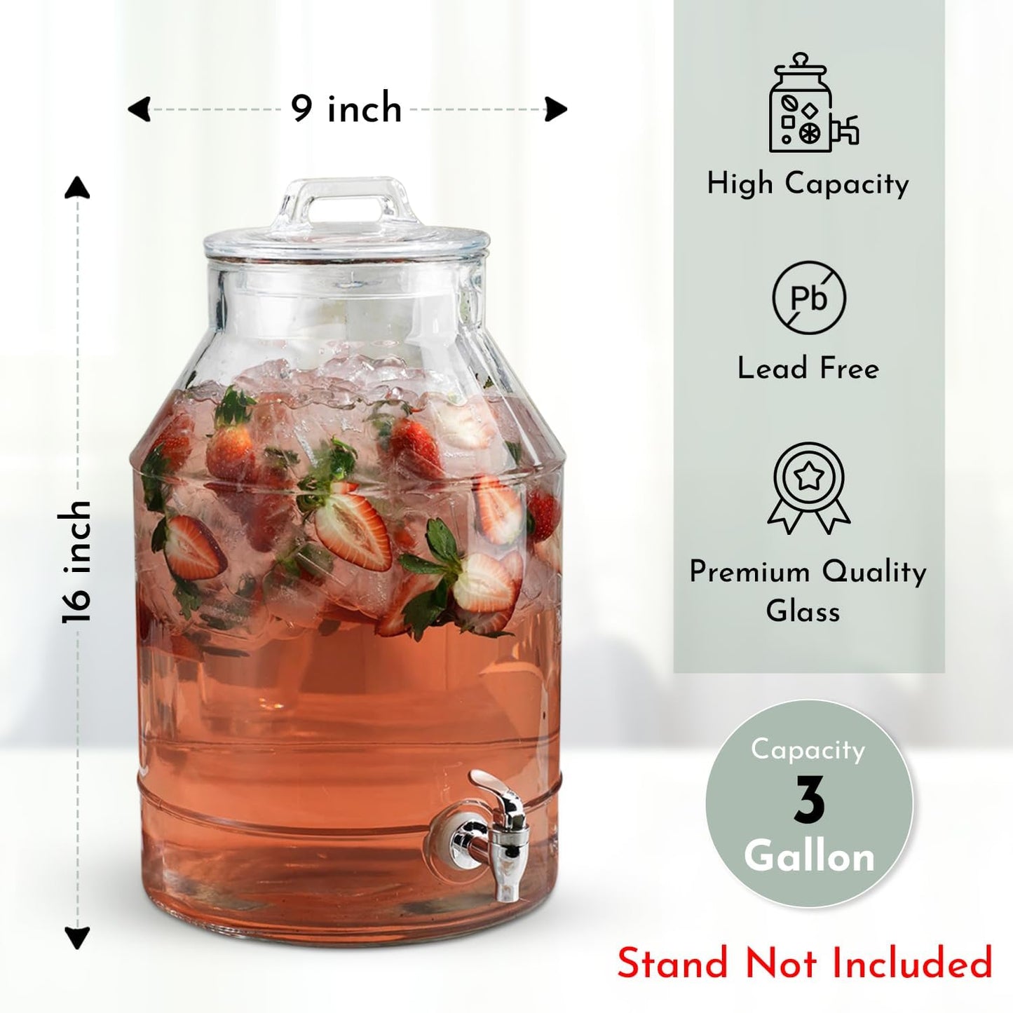 3 Gallon Glass Drink Dispensers For Parties,Classic Mason Jug Beverage Dispensers With Glass Lid With Handle And 100% Leakproof Spigot.Glass Water Jug Dispenser,Lemonade Dispenser