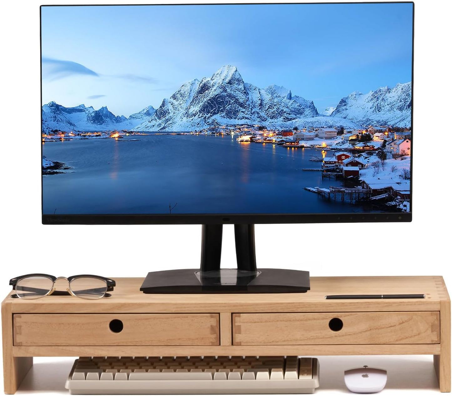 KIRIGEN Wood Monitor Stand with 2 Drawers - Computer Arm Riser Desk Storage Organizer,Speaker TV Laptop Printer Stand with Pen Slot and Cable Management,2-Tier Desktop Shelf NA-2PMJ