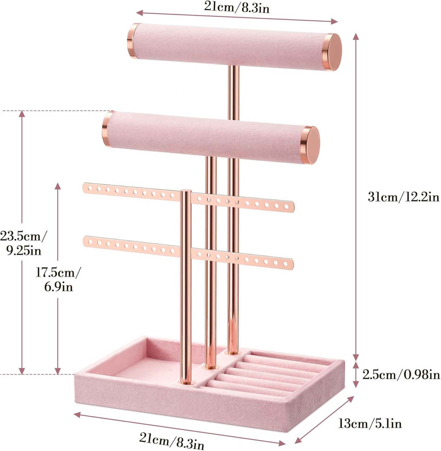 3 Tier Bracelet Holder Display - Detachable T Bar Pink Velvet Bracelet Holder, Jewelry Holder Organizer for Bracelet, Necklace, Earrings, Rings