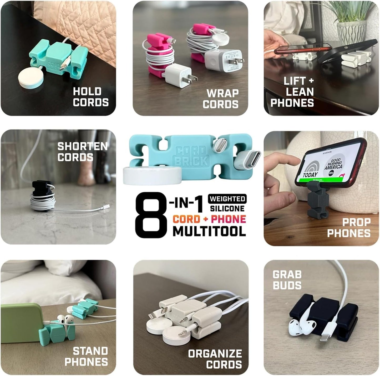 CordBrick Stocking Stuffers for Adults Cord Management Weighted Cord Holder Cable Wrap Phone Stand - Multiuse Gadget Organizer for Nightstand, Desk. Gift for Men, Durable Silicone. 2pk Green