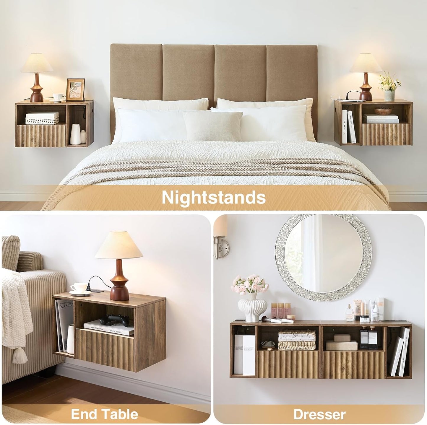 Modern Rustic Brown Fluted Floating Nightstand with Charging Station, NightStand with Drawers, Bedside with USB Ports and Outlets, Bedroom Furniture (Left)