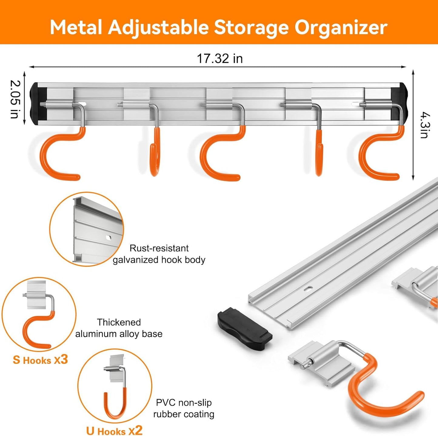 69'' Aluminum Alloy Garden Tool Organizer Wall Mount Garage Organizers and Storage with Hooks Tool Hangers for Shed Hooks for Shovel, Rake, Broom & More