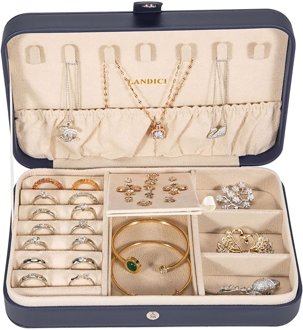 LANDICI Small Jewelry Box for Women Girls, PU Leather Travel Jewelry Case, Portable Jewelry Organizer Storage Holder Display for Ring Earrings Necklace Brooch Men Kids Gift, Dark Blue