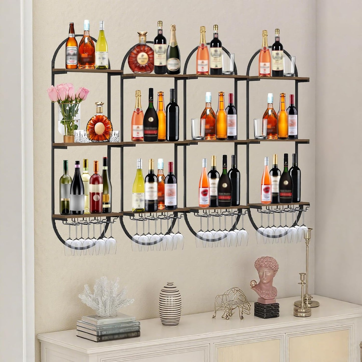 Wall Mount Wine Rack, 3-Tier Metal Oval Design Wine Rack Wall Mounted, Wine Bottle Holder for Home Bar, Wine Kitchen Storage Liquor, Champagne(Black, 1PCS)