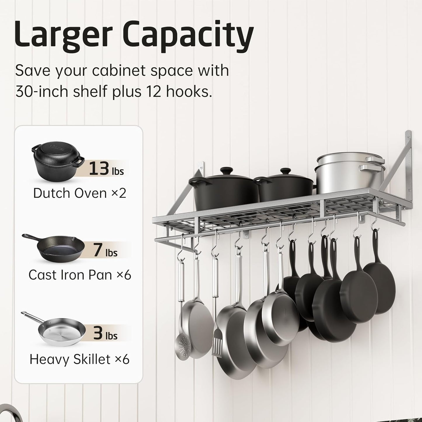 KES 30-Inch Silver Gray Pot Rack, Wall Mounted Hanging Pot and Pan Organizer with 12 Sturdy Hooks, Kitchen Wall Hanger Shelves Modern, KUR215S75A-SG