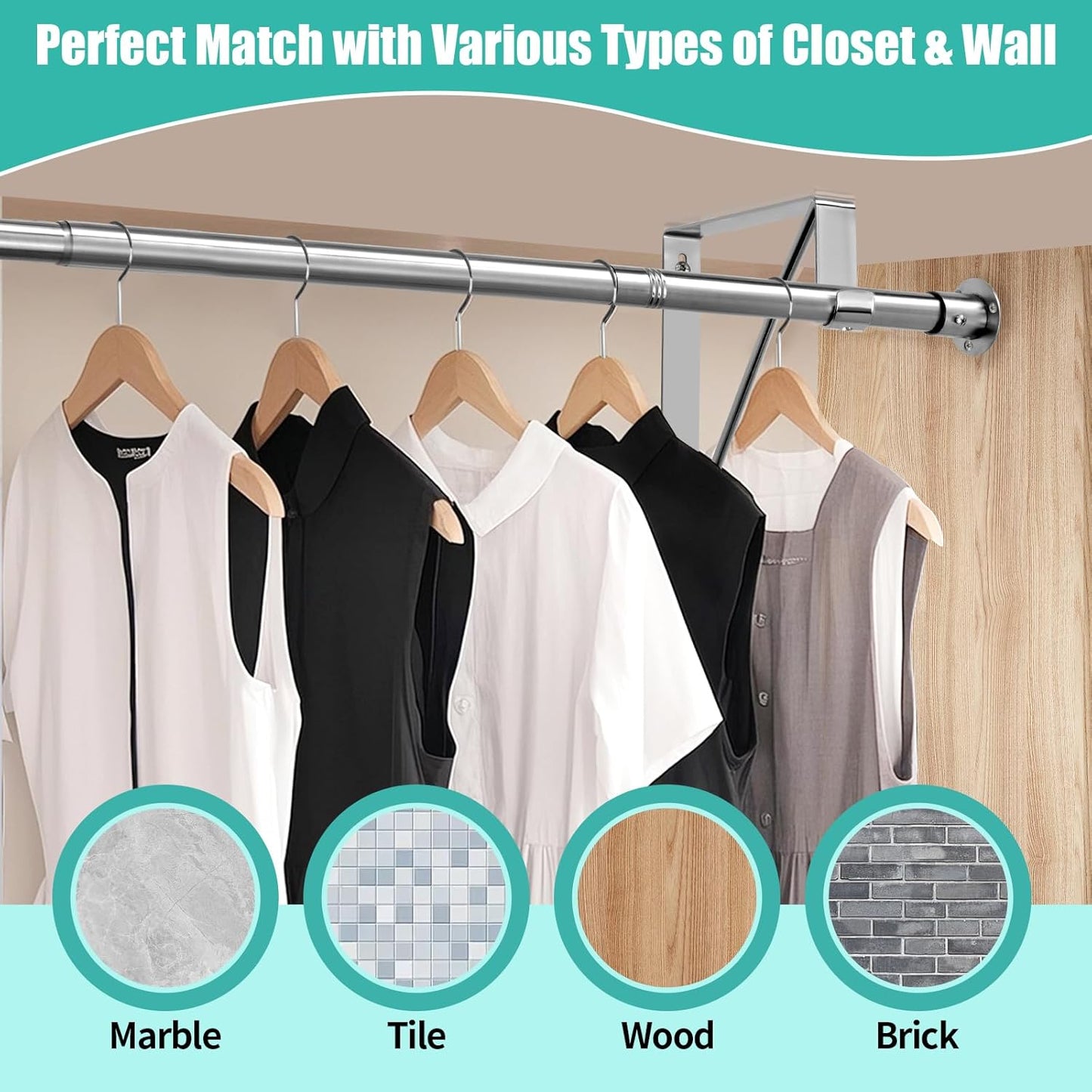 Closet Rod, 16 to 87 Inch Closet Rods Heavy Duty Adjustable Wardrobe Poles for Hanging Clothes and Heavy Duty Bracket Closet Pole Support (The Shelf NOT Included)(Silver)