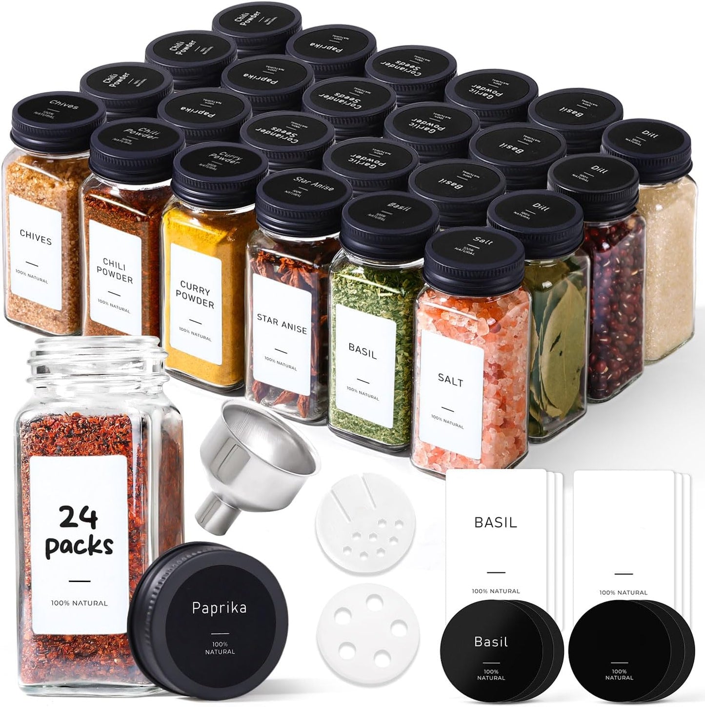 ComSaf Glass Spice Jars with Label, 24Pcs 4oz, 93 Labels, a Metal Funnel, Extra Shaker Lids, Empty Spice Containers and Square Spice Bottles for Kitchen and Seasoning