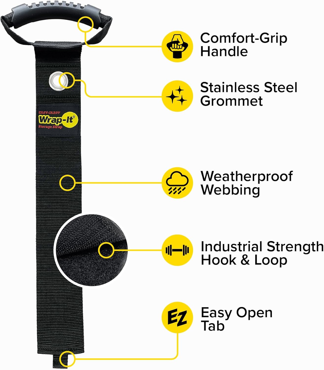 Easy-Carry Wrap-It Storage Straps - 48” (2-Pack) Black with Grommet - Garden Hose Caddy and Cord Wrap for Indoor and Outdoor Cable Organizing