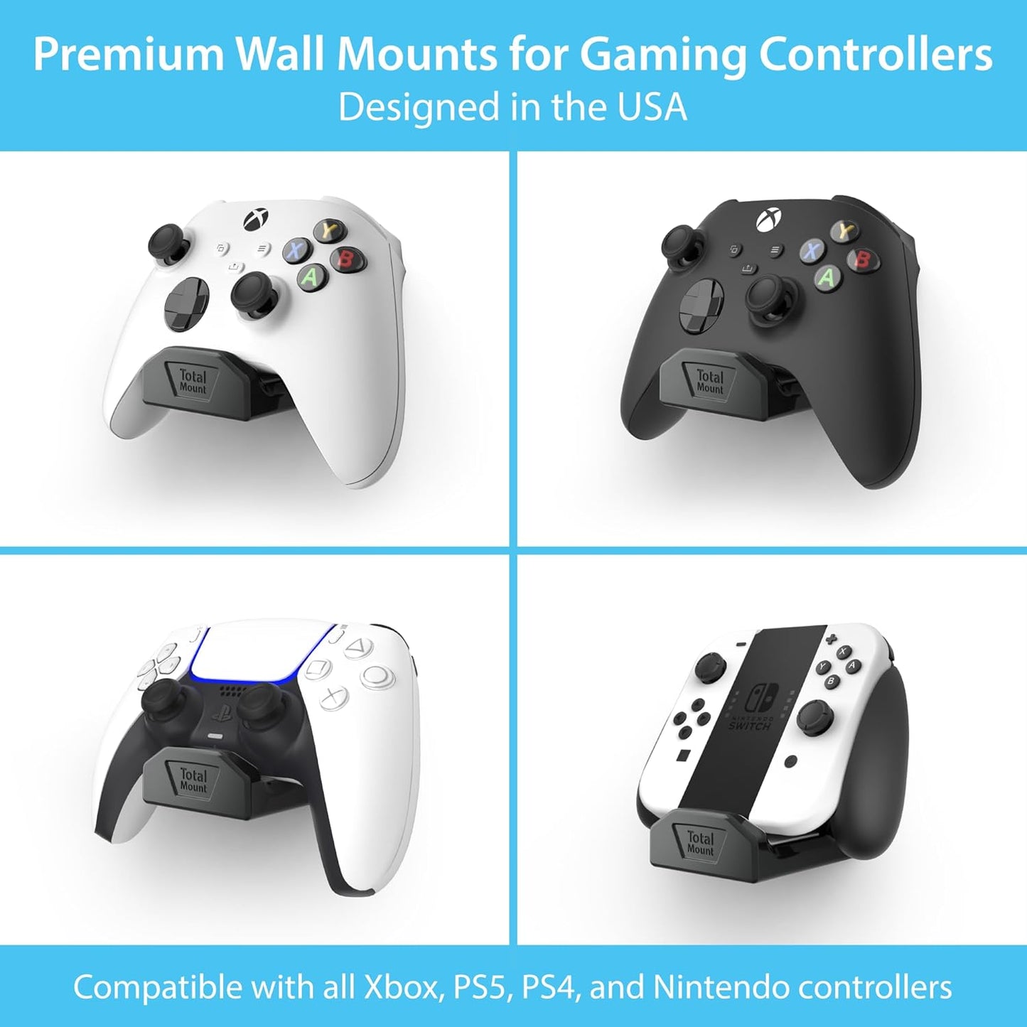 TotalMount Controller Wall Stands (4 Pack) with Non-Slip Pads & Removable Adhesive for Xbox, PS5, PS4, and Nintendo – These Premium Holders Won’t Damage Your Wall with Screws or Permanent Adhesive
