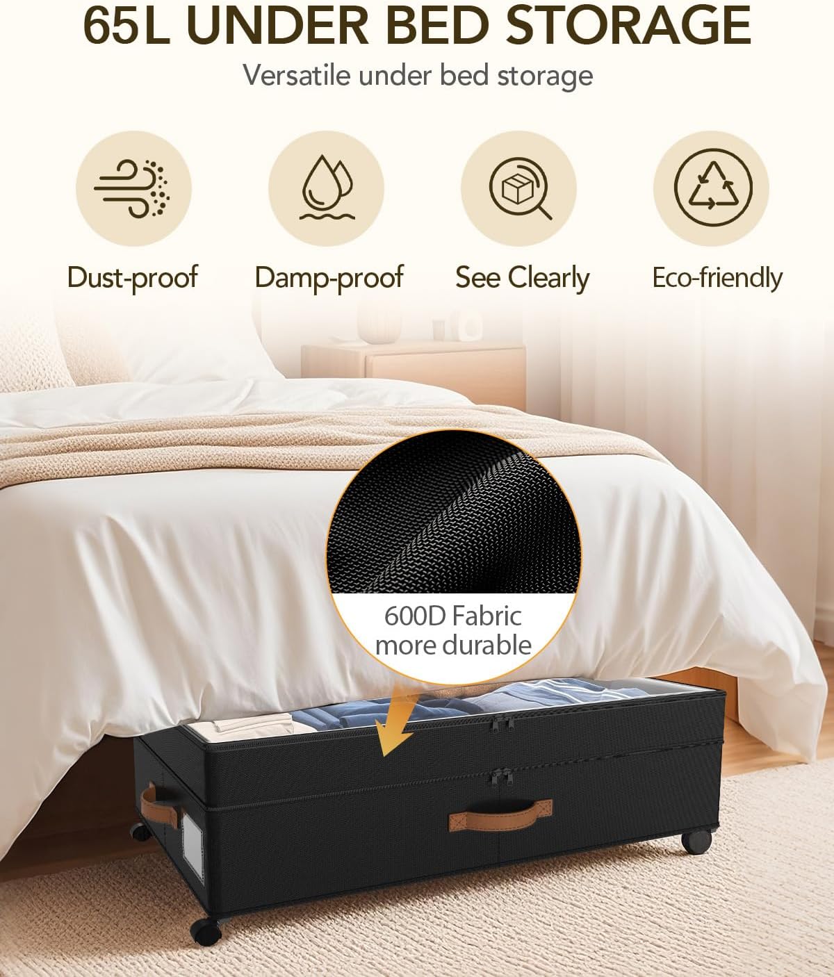 Under Bed Storage with Wheels, 10 inches Under Bed Storage Containers, 65L XXL Large Adjustable Underbed with Lids, Rolling Underbed Storage bins for Shoes, Clothes, Blankets, Black