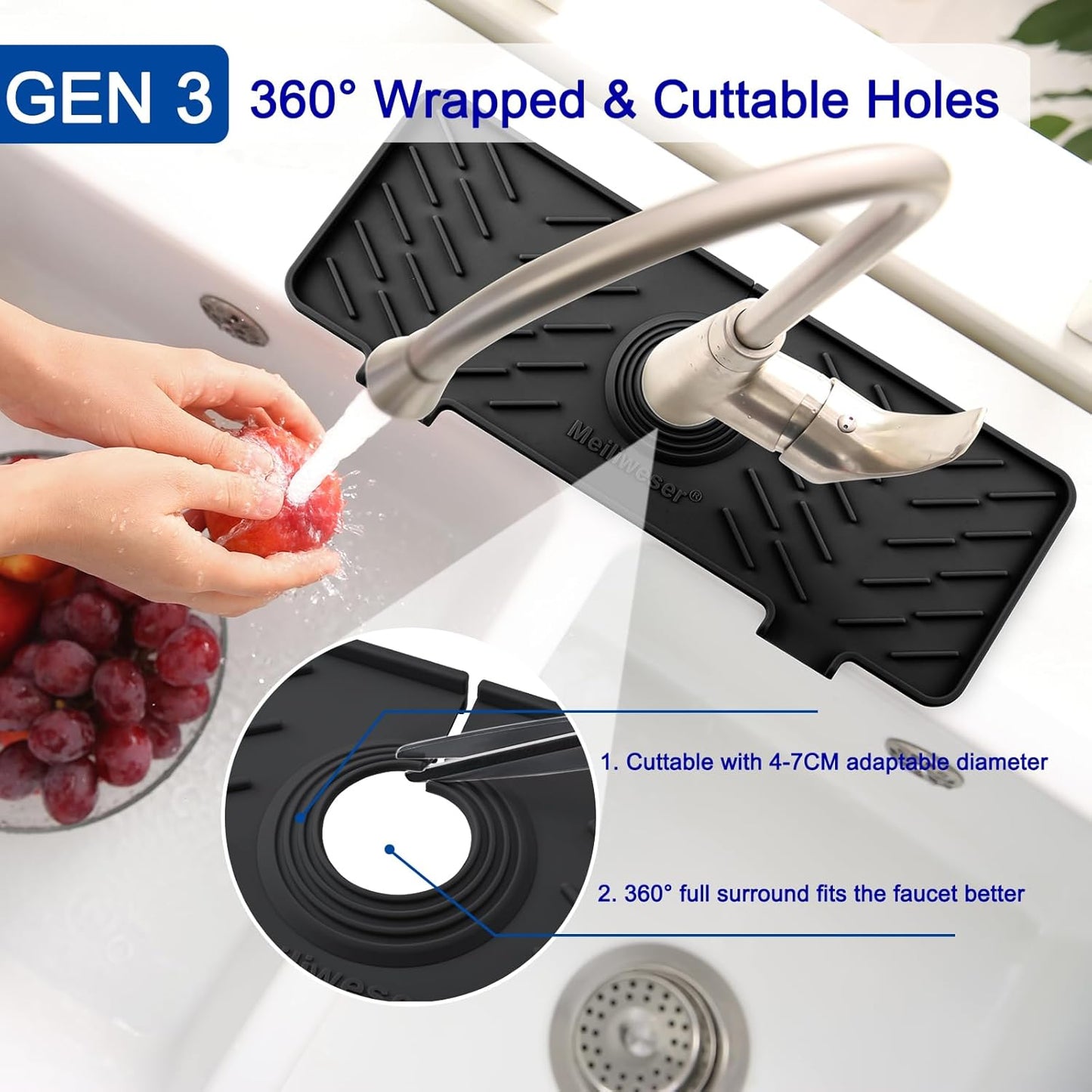 Meiliweser Silicone Faucet Mat for Kitchen Sink – Gen 3 10° Slope Splash Guard with Cuttable Hole – 14” x 5.5” Drip Catcher & Sponge Holder for Kitchen, Bathroom (Black)