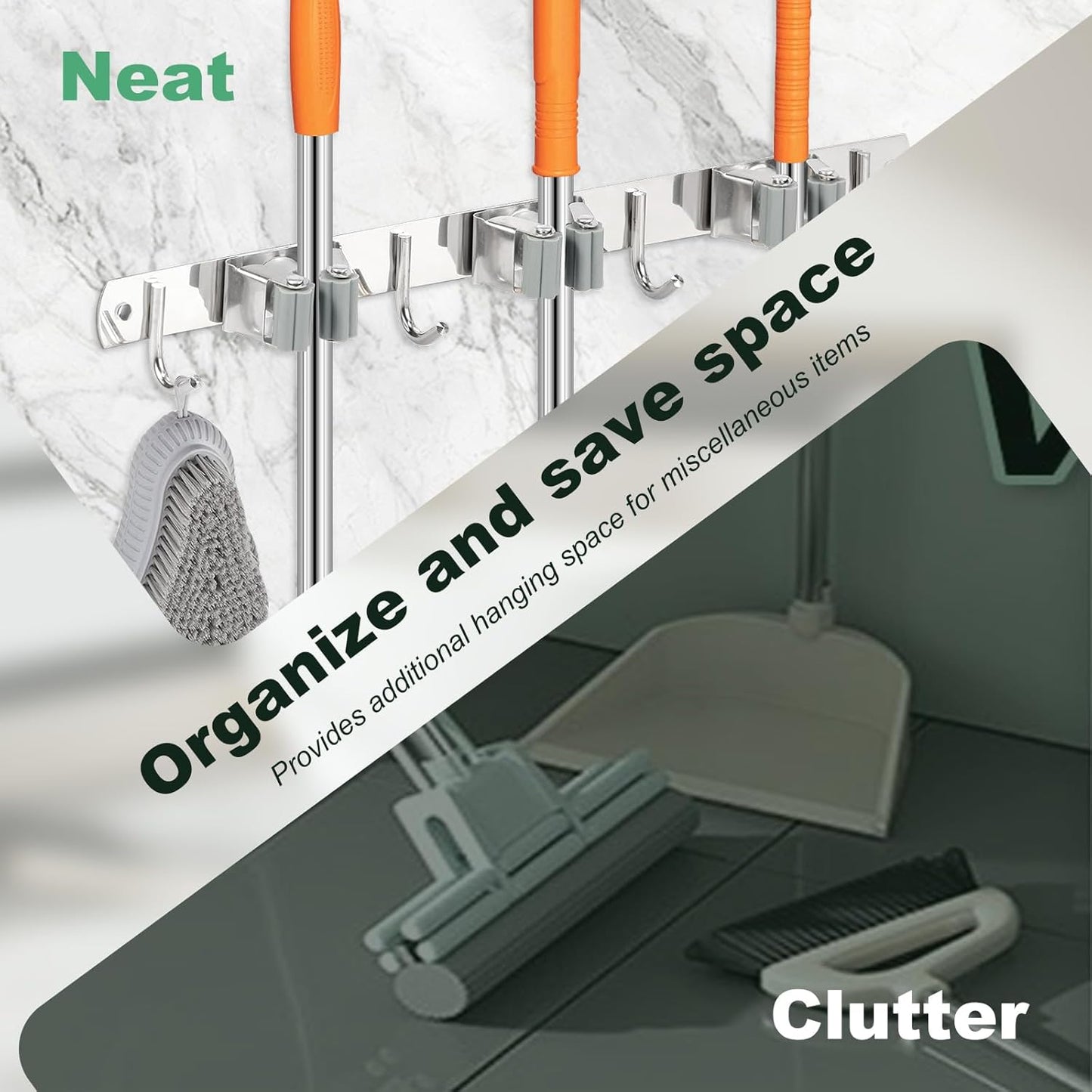 5 Pack Broom Holder Wall Mount 3 Racks 4 Hooks Stainless Steel Broom Mop Holder Anti Slip Storage Rack Strong Load Bearing Waterproof Broom and Mop Organizer Wall Hanging for Bathroom Kitchen Garage