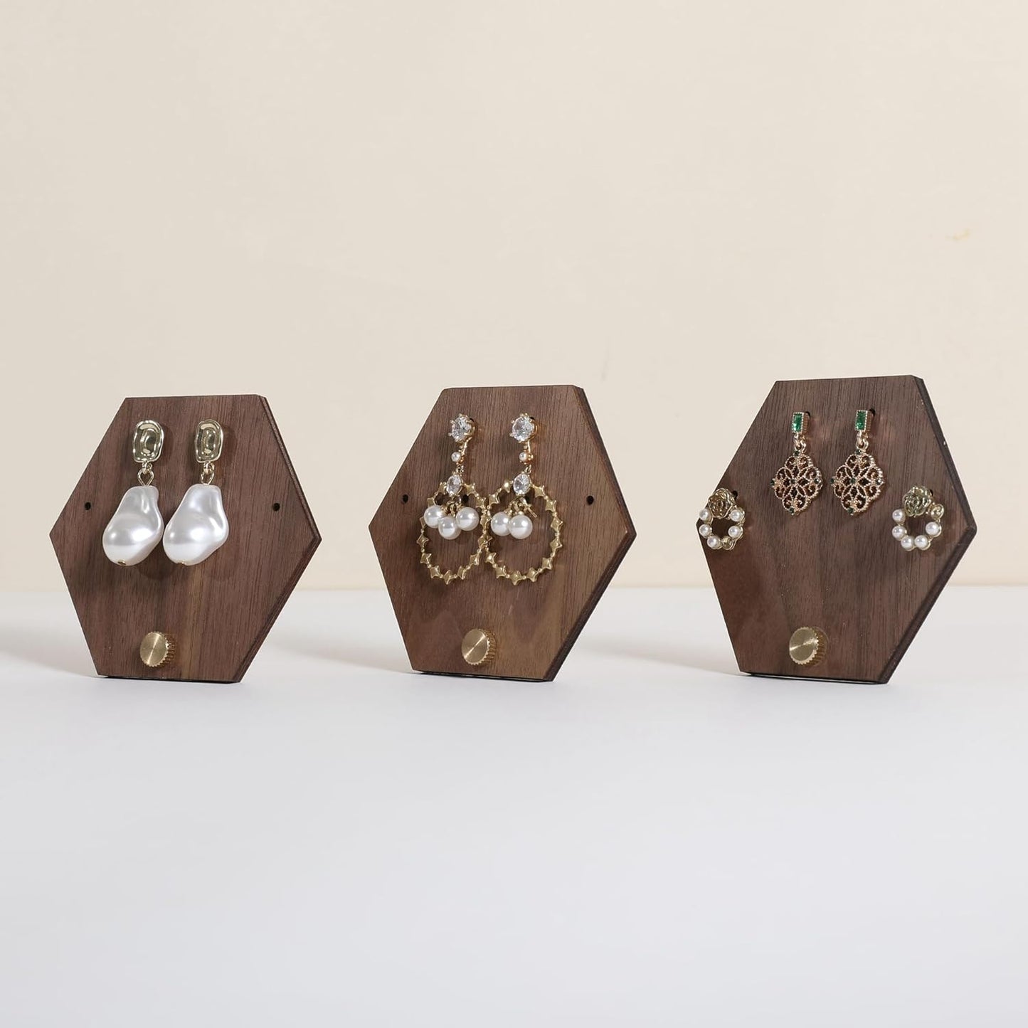 GemeShou 3pcs wooden jewelry earring organizer holder, walnut earring studs stand for boutique store, cute earring display for selling with 6 holes on each【Earring stand-Hexagon-3pcs】