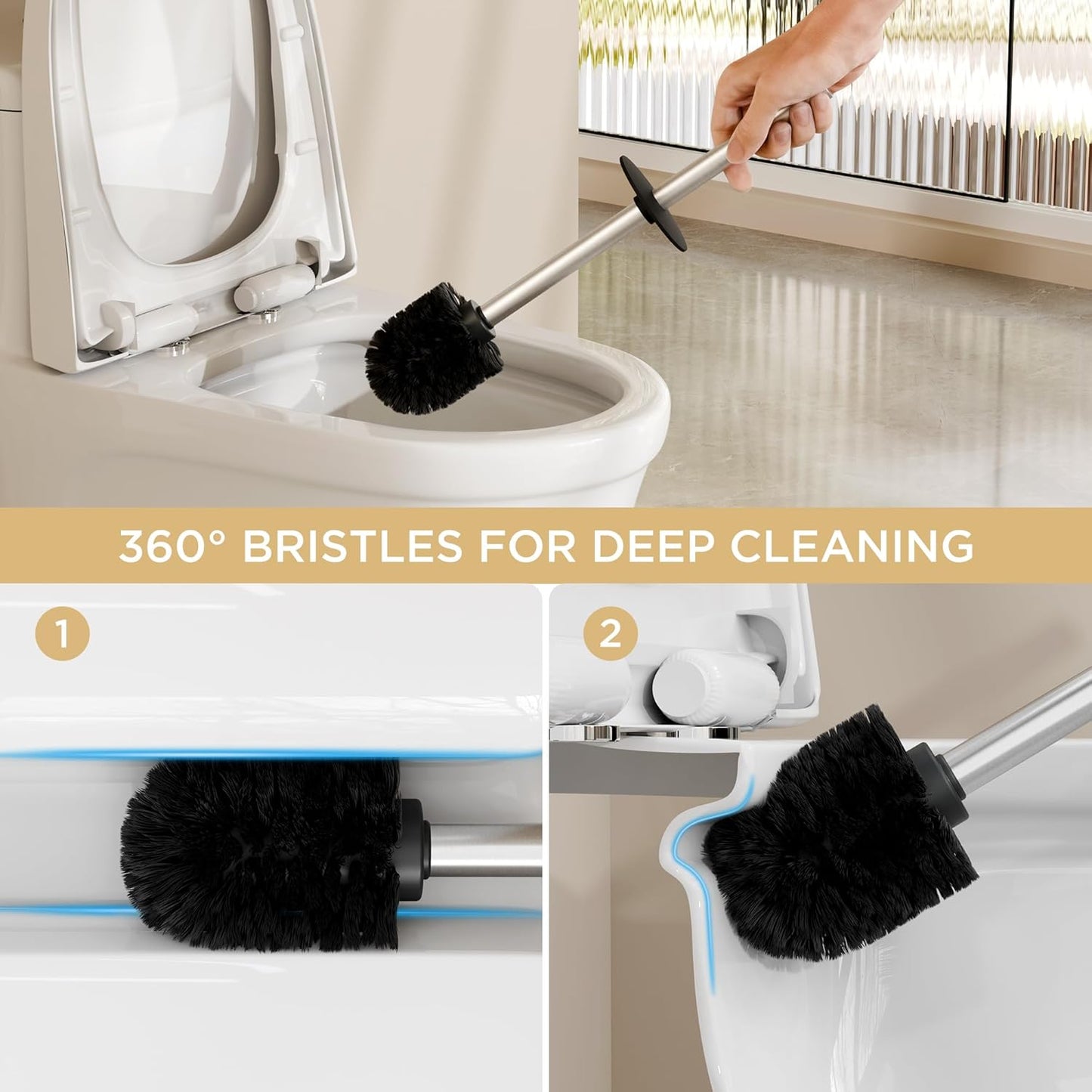 FORIOUS Toilet Brush and Holder Set Brushed Nickel, Heavy Duty 304 Stainless Steel Base and Long Handle Toilet Bowl Cleaners Brush, for Bathroom Storage and Organization, 2 Brush Head