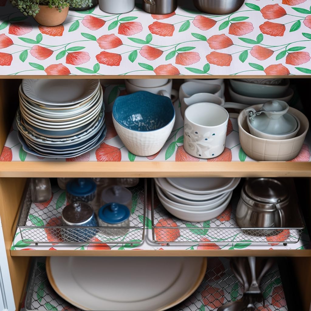 2 Rolls 18" W x 96" L Floral Drawer and Shelf Liner for Cabinets, Non-Adhesive Strong Grip Non-Slip Flower Shelf Cabinet Kitchen Shelf Liners for Kitchen Cabinets