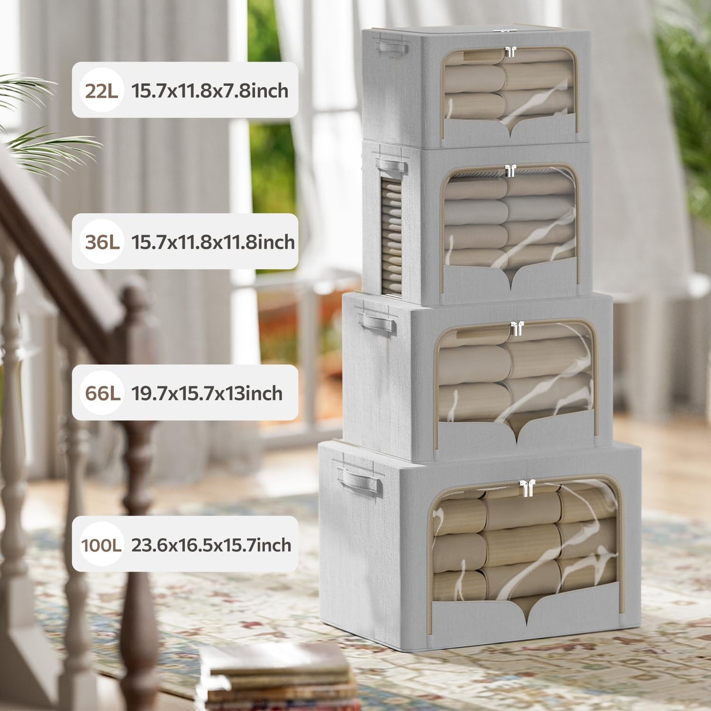 FHSQX 3 Pack Clothes Storage Bins - Foldable Metal Frame Storage Box - Stackable Linen Fabric Container Organizer Set with Carrying Handles and Clear Window (Light Gray, 15.7x11.8x7.8inch(22L))