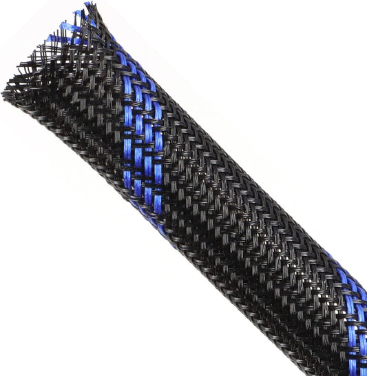 Braided Cable Sleeving, PET Expandable Braided Cable Sleeve, Flexible Mesh Sleeving Cord Management for Audio Video and Other Home Device, Cord Protector from Pets (Black Blue, 1" x 25ft)